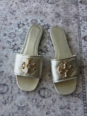 Tory Burch Gold Metallic Logo Slide Sandals